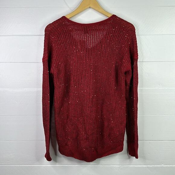 DKNY Ruby Red Sequin Knit Pullover V Neck Sweater Sweatshirt Top Size Small - Picture 2 of 10